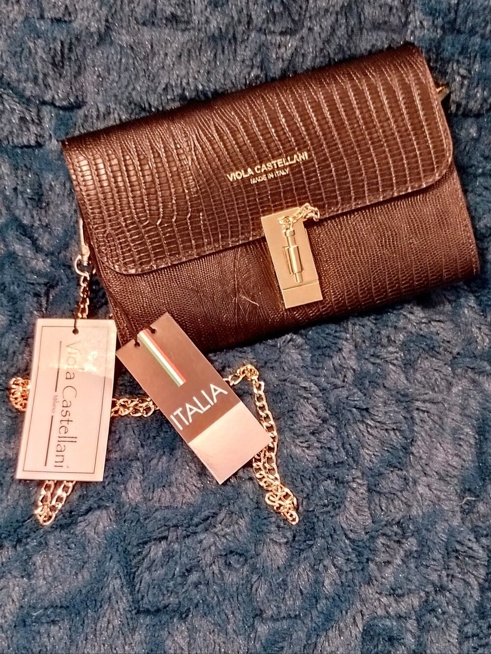 Viola Castellani Milano Black Croc Embossed Crossbody Purse NWT Made in Italy